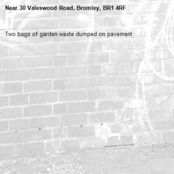Two bags of garden waste dumped on pavement -30 Valeswood Road, Bromley, BR1 4RF