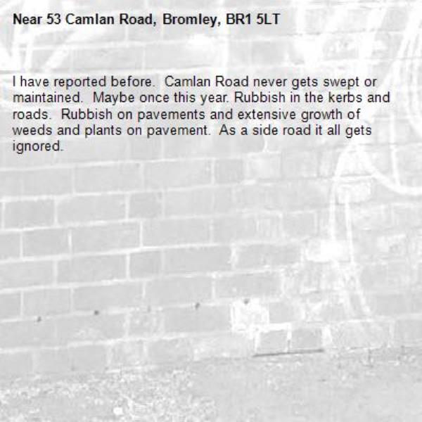 I have reported before.  Camlan Road never gets swept or maintained.  Maybe once this year. Rubbish in the kerbs and roads.  Rubbish on pavements and extensive growth of weeds and plants on pavement.  As a side road it all gets ignored. -53 Camlan Road, Bromley, BR1 5LT