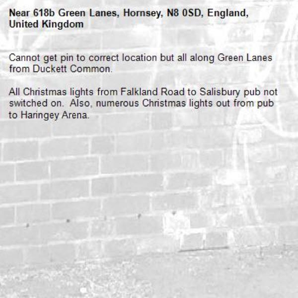 Cannot get pin to correct location but all along Green Lanes from Duckett Common.

All Christmas lights from Falkland Road to Salisbury pub not switched on.  Also, numerous Christmas lights out from pub to Haringey Arena.-618b Green Lanes, Hornsey, N8 0SD, England, United Kingdom