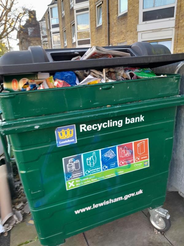 Commodore Court Sheltered Housing Scheme missed recycling bin collection overflowing with recyclable waste please can Environment have emptied as soon as possible. -Commodore Court, 80 Albyn Road, Deptford, SE8 4ER, England, United Kingdom