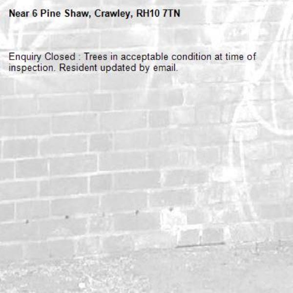 Enquiry Closed : Trees in acceptable condition at time of inspection. Resident updated by email.-6 Pine Shaw, Crawley, RH10 7TN