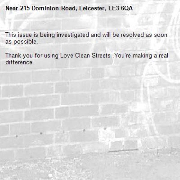 This issue is being investigated and will be resolved as soon as possible.
	
Thank you for using Love Clean Streets .You’re making a real difference.
-215 Dominion Road, Leicester, LE3 6QA