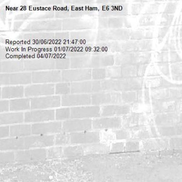 
Reported 30/06/2022 21:47:00
Work In Progress 01/07/2022 09:32:00
Completed 04/07/2022-28 Eustace Road, East Ham, E6 3ND