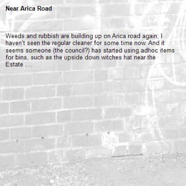 Weeds and rubbish are building up on Arica road again; I haven't seen the regular cleaner for some time now. And it seems someone (the council?) has started using adhoc items for bins, such as the upside down witches hat near the Estate ....-Arica Road