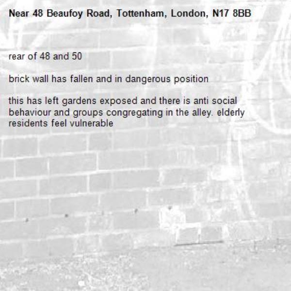 rear of 48 and 50 

brick wall has fallen and in dangerous position 

this has left gardens exposed and there is anti social behaviour and groups congregating in the alley. elderly residents feel vulnerable -48 Beaufoy Road, Tottenham, London, N17 8BB