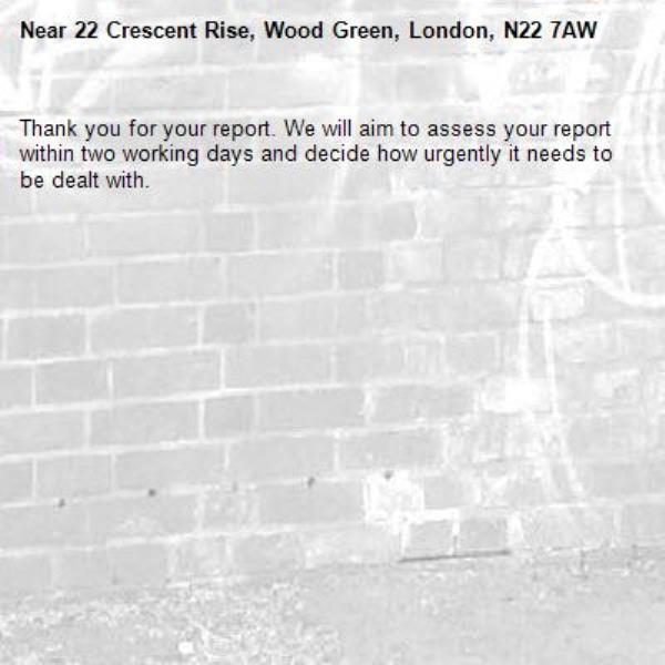 Thank you for your report. We will aim to assess your report within two working days and decide how urgently it needs to be dealt with.-22 Crescent Rise, Wood Green, London, N22 7AW