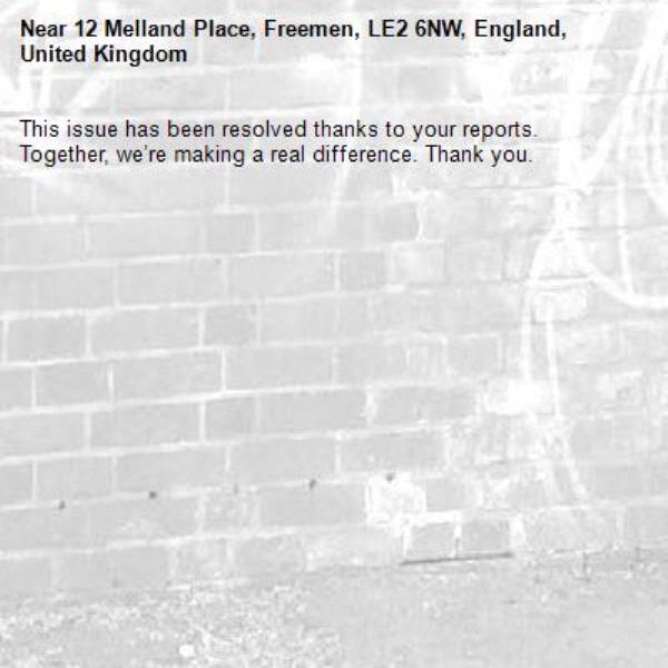This issue has been resolved thanks to your reports.
Together, we’re making a real difference. Thank you.
-12 Melland Place, Freemen, LE2 6NW, England, United Kingdom
