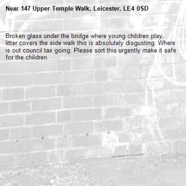 Broken glass under the bridge where young children play, litter covers the side walk this is absolutely disgusting. Where is out council tax going. Please sort this urgently make it safe for the children.-147 Upper Temple Walk, Leicester, LE4 0SD