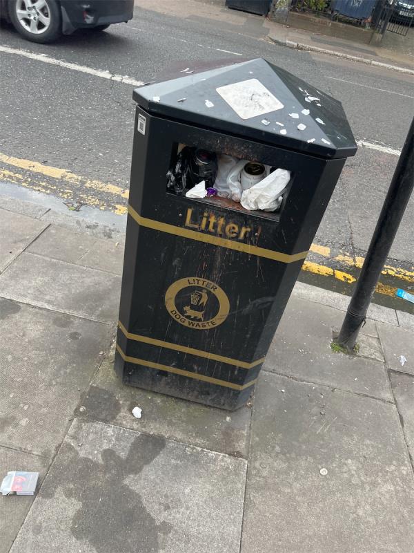 Overflowing rubbish bin-272A, Romford Road, Forest Gate, London, E7 9HD