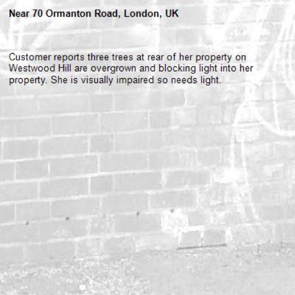 Customer reports three trees at rear of her property on Westwood Hill are overgrown and blocking light into her property. She is visually impaired so needs light.-70 Ormanton Road, London, UK