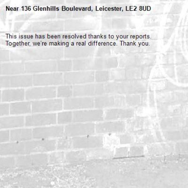 This issue has been resolved thanks to your reports.
Together, we’re making a real difference. Thank you.
-136 Glenhills Boulevard, Leicester, LE2 8UD