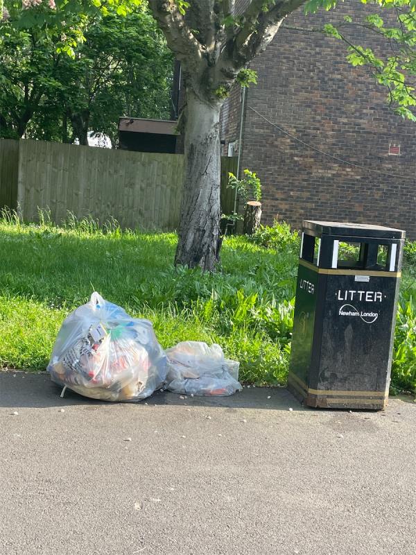 These rubbish bags were left by the bin several days ago and still haven’t been picked up by truck. Foxes have attempted to rip open bag. Please remove asap. On grass area opposite 14 Renfrew Close. Thanks -14 Renfrew Close, Beckton, London, E6 5PG