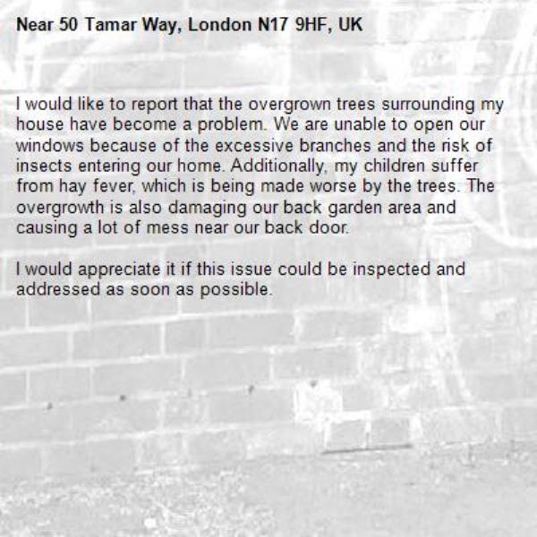 I would like to report that the overgrown trees surrounding my house have become a problem. We are unable to open our windows because of the excessive branches and the risk of insects entering our home. Additionally, my children suffer from hay fever, which is being made worse by the trees. The overgrowth is also damaging our back garden area and causing a lot of mess near our back door.

I would appreciate it if this issue could be inspected and addressed as soon as possible.-50 Tamar Way, London N17 9HF, UK