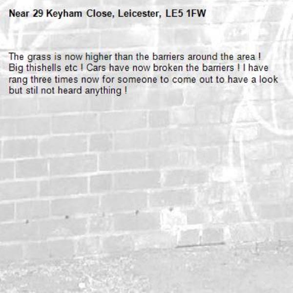 The grass is now higher than the barriers around the area ! Big thishells etc ! Cars have now broken the barriers ! I have rang three times now for someone to come out to have a look but stil not heard anything !-29 Keyham Close, Leicester, LE5 1FW