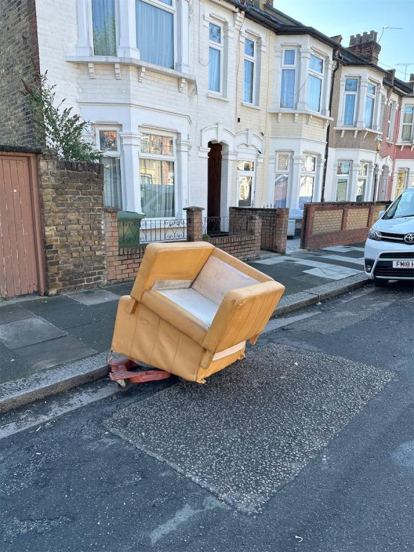Dumped sofa on trolley 
Please clear thanks -1 Campbell Road, East Ham, London, E6 1NP