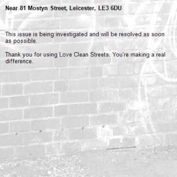 This issue is being investigated and will be resolved as soon as possible.

Thank you for using Love Clean Streets. You’re making a real difference.
-81 Mostyn Street, Leicester, LE3 6DU