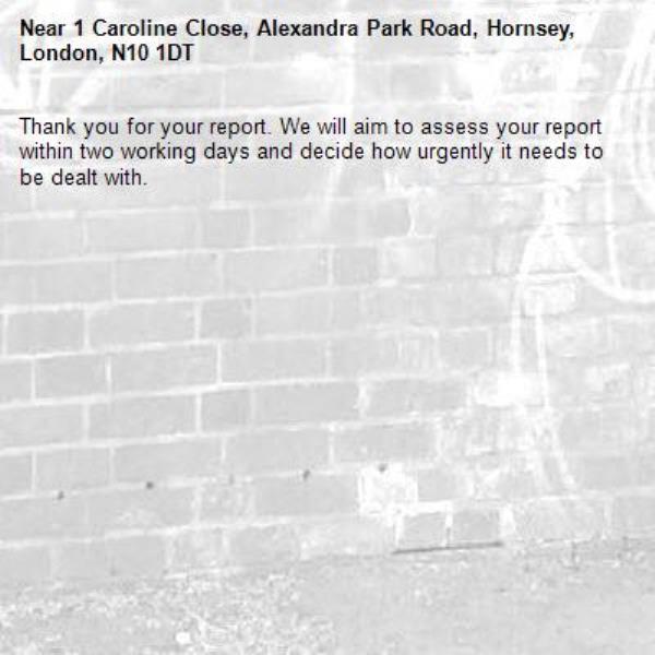 Thank you for your report. We will aim to assess your report within two working days and decide how urgently it needs to be dealt with.-1 Caroline Close, Alexandra Park Road, Hornsey, London, N10 1DT