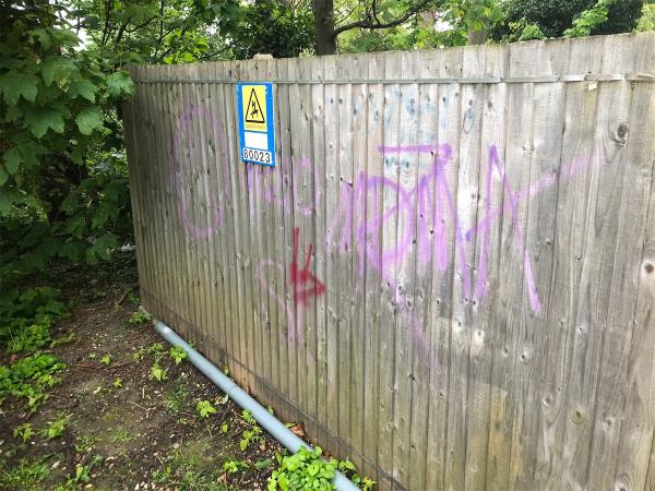 Remove graffiti from front fence of Uk Power Sub station-Hoover House, Beckenham Hill Road, Bellingham, Bromley, SE6 3PP