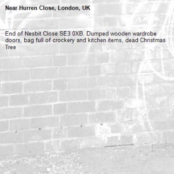 End of Nesbit Close SE3 0XB. Dumped wooden wardrobe doors, bag full of crockery and kitchen items, dead Christmas Tree-Hurren Close, London, UK