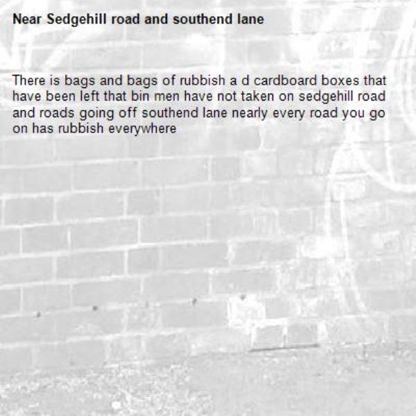 There is bags and bags of rubbish a d cardboard boxes that have been left that bin men have not taken on sedgehill road and roads going off southend lane nearly every road you go on has rubbish everywhere-Sedgehill road and southend lane