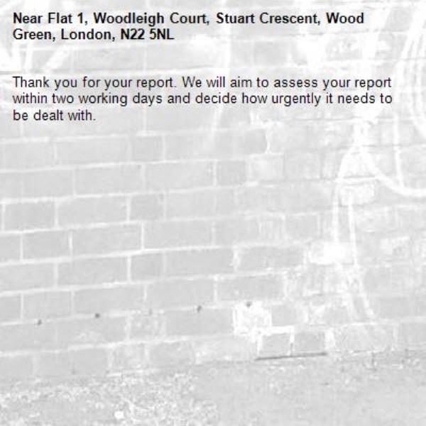Thank you for your report. We will aim to assess your report within two working days and decide how urgently it needs to be dealt with.-Flat 1, Woodleigh Court, Stuart Crescent, Wood Green, London, N22 5NL