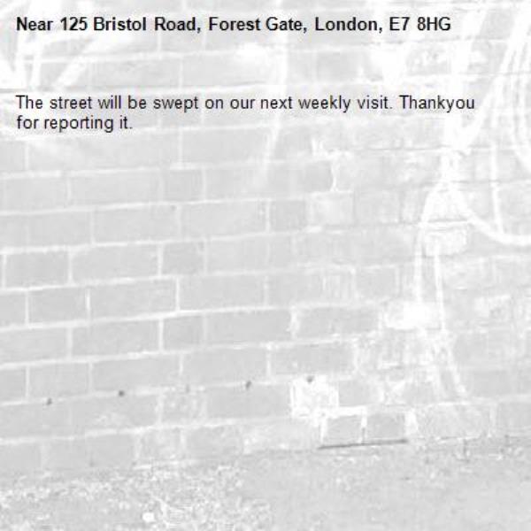 The street will be swept on our next weekly visit. Thankyou for reporting it.-125 Bristol Road, Forest Gate, London, E7 8HG