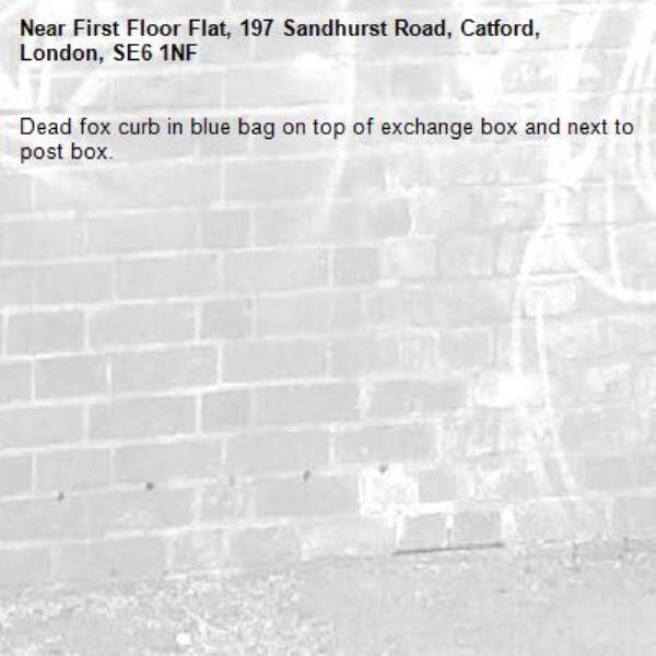 Dead fox curb in blue bag on top of exchange box and next to post box.-First Floor Flat, 197 Sandhurst Road, Catford, London, SE6 1NF