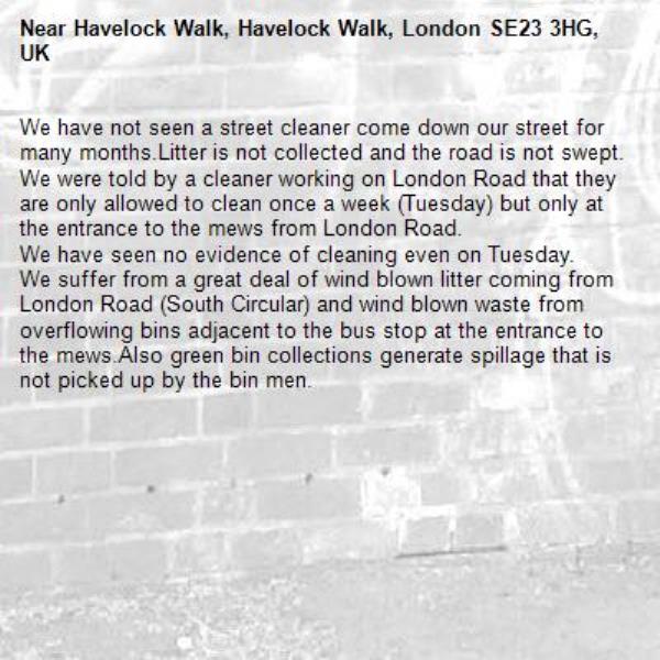 We have not seen a street cleaner come down our street for many months.Litter is not collected and the road is not swept.
We were told by a cleaner working on London Road that they are only allowed to clean once a week (Tuesday) but only at the entrance to the mews from London Road.
We have seen no evidence of cleaning even on Tuesday.
We suffer from a great deal of wind blown litter coming from London Road (South Circular) and wind blown waste from overflowing bins adjacent to the bus stop at the entrance to the mews.Also green bin collections generate spillage that is not picked up by the bin men.
-Havelock Walk, Havelock Walk, London SE23 3HG, UK