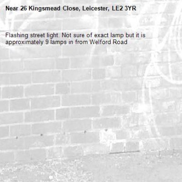 Flashing street light. Not sure of exact lamp but it is approximately 9 lamps in from Welford Road -26 Kingsmead Close, Leicester, LE2 3YR