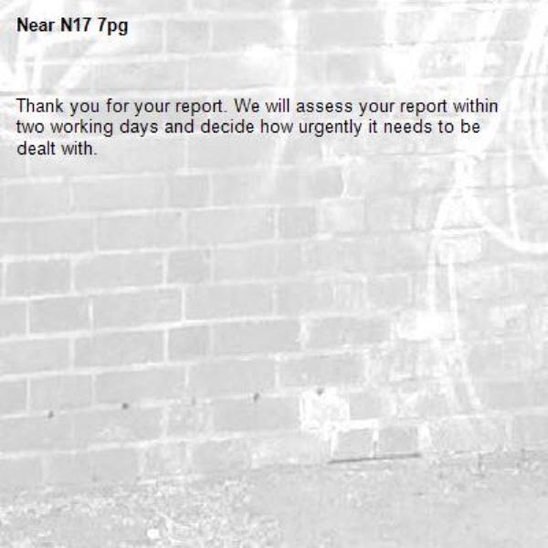 Thank you for your report. We will assess your report within two working days and decide how urgently it needs to be dealt with.-N17 7pg