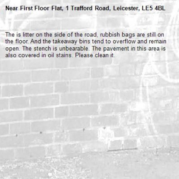 The is litter on the side of the road, rubbish bags are still on the floor. And the takeaway bins tend to overflow and remain open. The stench is unbearable. The pavement in this area is also covered in oil stains. Please clean it.-First Floor Flat, 1 Trafford Road, Leicester, LE5 4BL