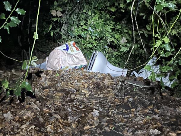 Various items of rubbish and debris including old toilet and cistern. Mattress thrown over our fence.-64 woodlands road farnbrough gu14 9qf