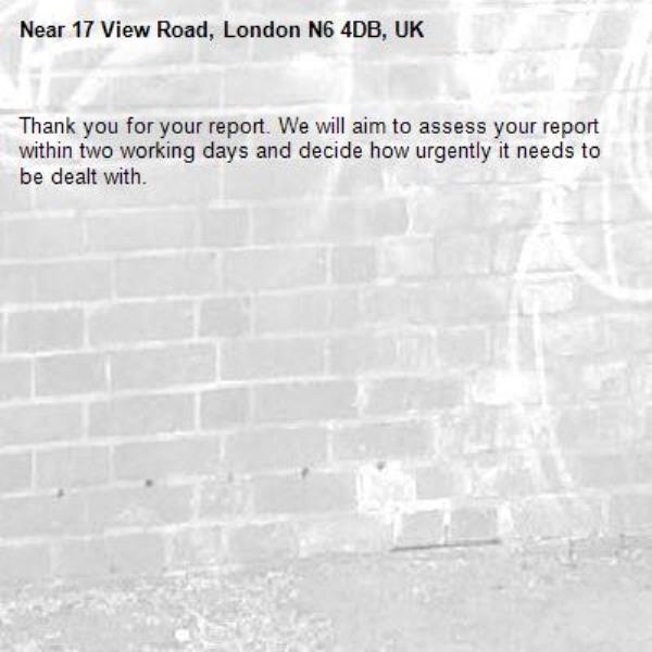 Thank you for your report. We will aim to assess your report within two working days and decide how urgently it needs to be dealt with.-17 View Road, London N6 4DB, UK
