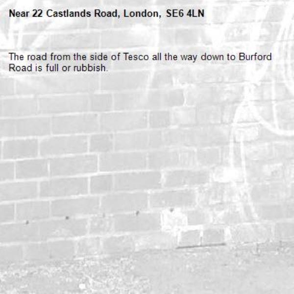 The road from the side of Tesco all the way down to Burford Road is full or rubbish.-22 Castlands Road, London, SE6 4LN