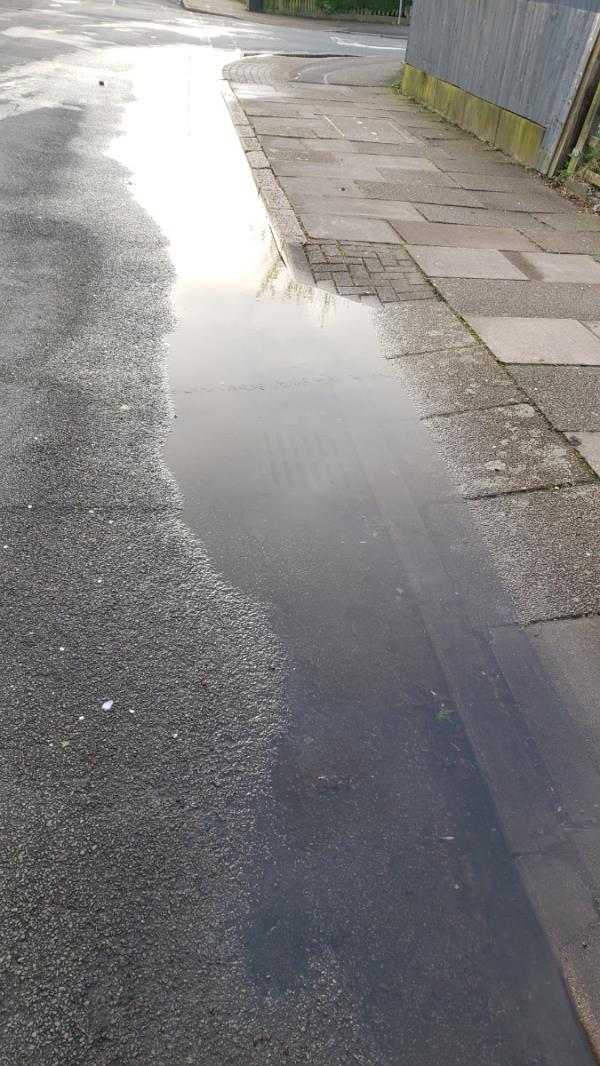 Drainhole clogged and flooding onto road, making crossing difficult and more dangerous for pedestrians esp those with limited mobility -17 Copinger Road, Leicester, LE2 6LF