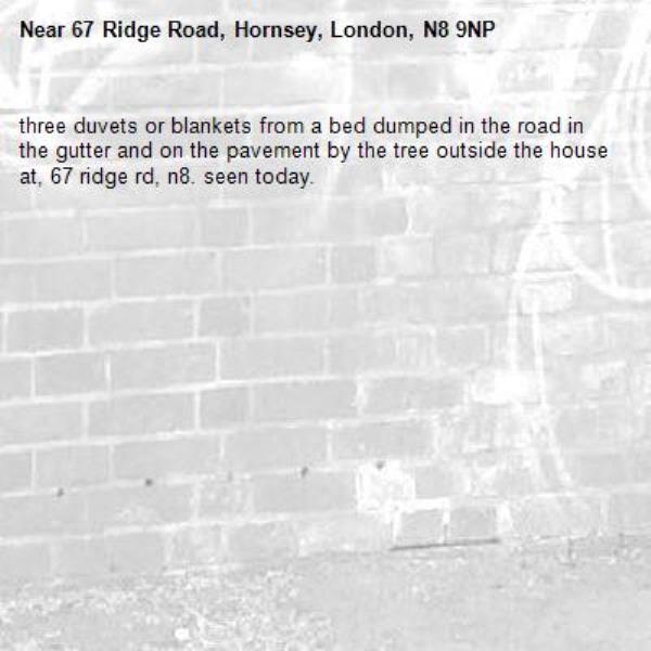 three duvets or blankets from a bed dumped in the road in the gutter and on the pavement by the tree outside the house at, 67 ridge rd, n8. seen today.-67 Ridge Road, Hornsey, London, N8 9NP