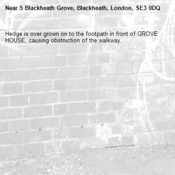 Hedge is over grown on to the footpath in front of GROVE HOUSE, causing obstruction of the walkway.-5 Blackheath Grove, Blackheath, London, SE3 0DQ