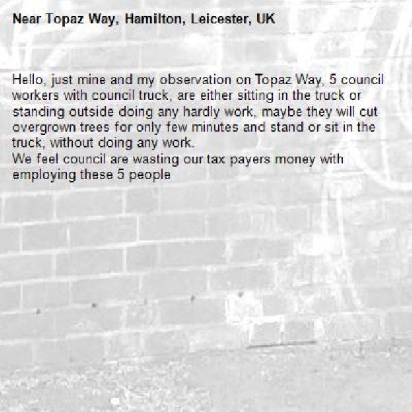 Hello, just mine and my observation on Topaz Way, 5 council workers with council truck, are either sitting in the truck or standing outside doing any hardly work, maybe they will cut overgrown trees for only few minutes and stand or sit in the truck, without doing any work.
We feel council are wasting our tax payers money with employing these 5 people-Topaz Way, Hamilton, Leicester, UK