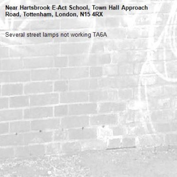 Several street lamps not working TA6A-Hartsbrook E-Act School, Town Hall Approach Road, Tottenham, London, N15 4RX