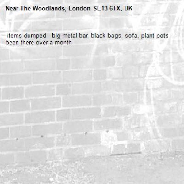  items dumped - big metal bar, black bags, sofa, plant pots  -been there over a month-The Woodlands, London SE13 6TX, UK