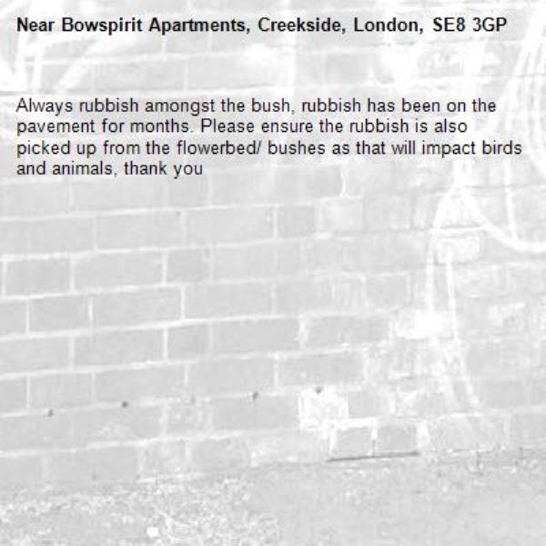 Always rubbish amongst the bush, rubbish has been on the pavement for months. Please ensure the rubbish is also picked up from the flowerbed/ bushes as that will impact birds and animals, thank you-Bowspirit Apartments, Creekside, London, SE8 3GP