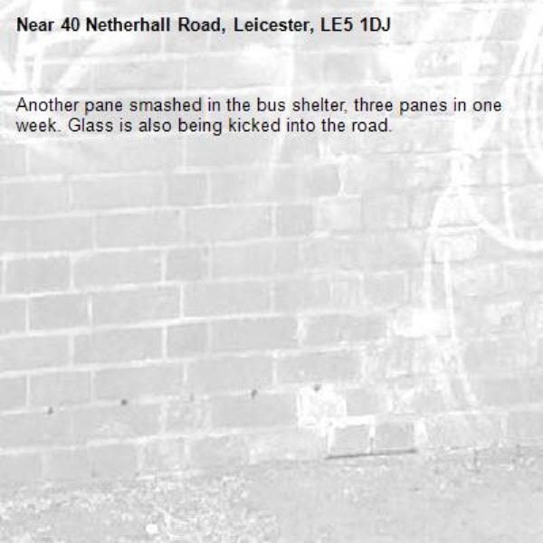 Another pane smashed in the bus shelter, three panes in one week. Glass is also being kicked into the road. -40 Netherhall Road, Leicester, LE5 1DJ