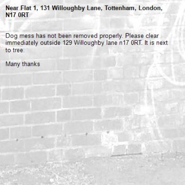 Dog mess has not been removed properly. Please clear immediately outside 129 Willoughby lane n17 0RT. It is next to tree. 

Many thanks-Flat 1, 131 Willoughby Lane, Tottenham, London, N17 0RT