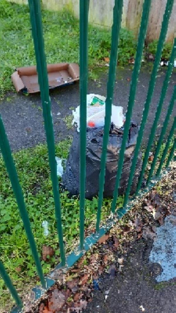 rubbish bag and litter just inside park gate-60 Beresford Road, RG30 1BT, England, United Kingdom