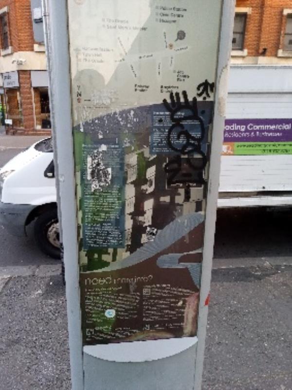 Graffiti and stickers on the information stand removed -60 Oxford Rd, Reading RG1 7LT, UK
