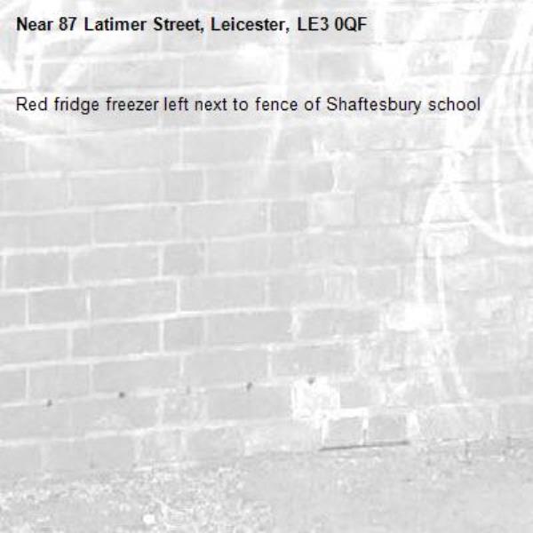 Red fridge freezer left next to fence of Shaftesbury school -87 Latimer Street, Leicester, LE3 0QF