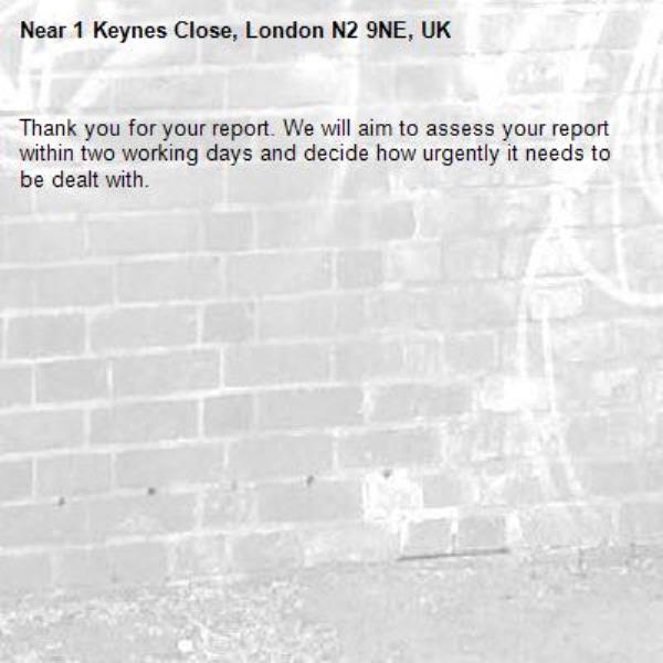 Thank you for your report. We will aim to assess your report within two working days and decide how urgently it needs to be dealt with.-1 Keynes Close, London N2 9NE, UK
