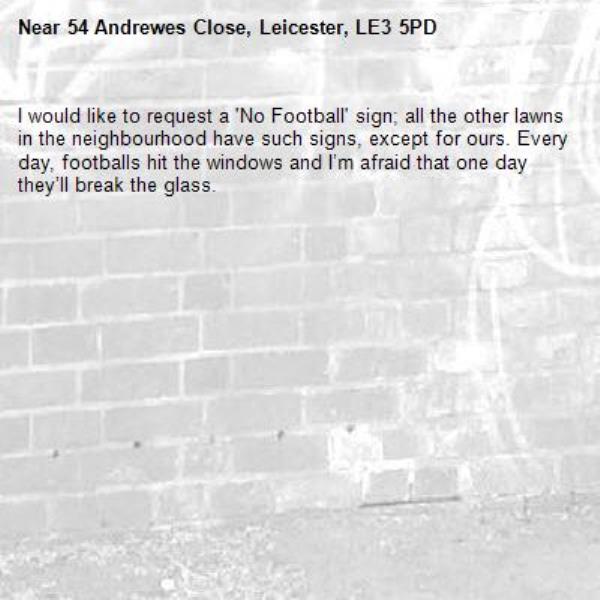I would like to request a 'No Football' sign; all the other lawns in the neighbourhood have such signs, except for ours. Every day, footballs hit the windows and I’m afraid that one day they’ll break the glass. -54 Andrewes Close, Leicester, LE3 5PD