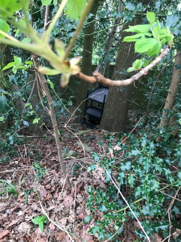 West side of Minley road, just inside the trees as the path comes back to being right next to the road. Looks like a BBQ. -62 Minley Road, Farnborough, GU14 9QP