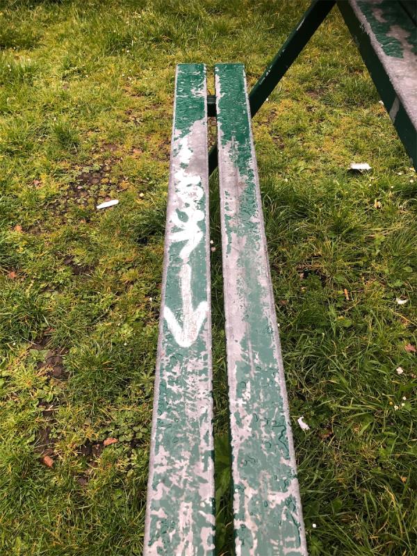 Remove graffiti from bench in play area-Waterer House, Beckenham Hill Road, Bellingham, Bromley, SE6 3PN